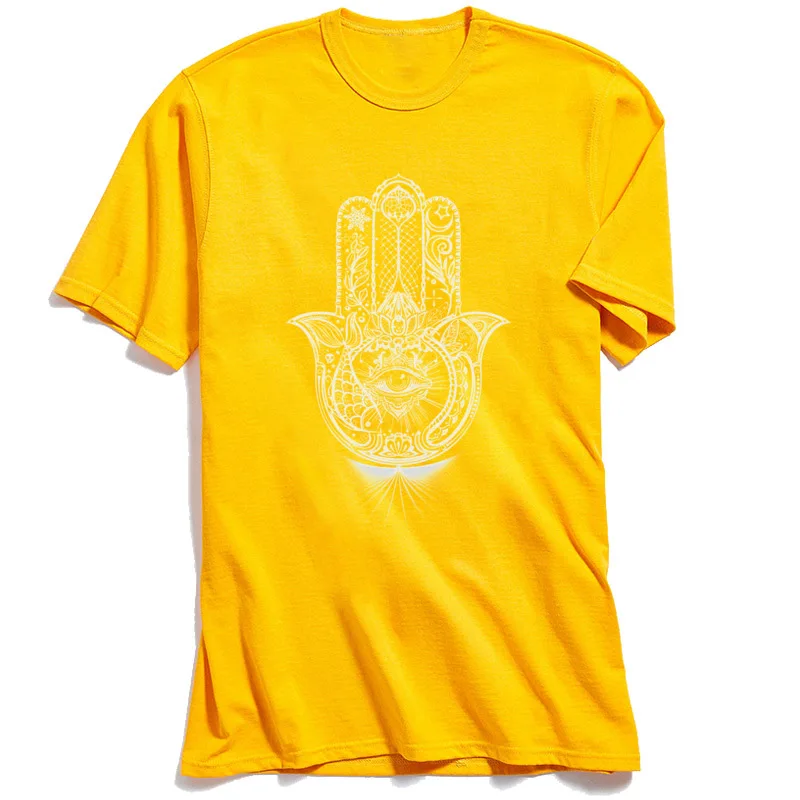 Hamsa - Hand of Fatima Short Sleeve Tops Tees Summer O Neck 100% Cotton Fabric Men Top T-shirts Summer Tops Tees Prevalent Hamsa - Hand of Fatima yellow