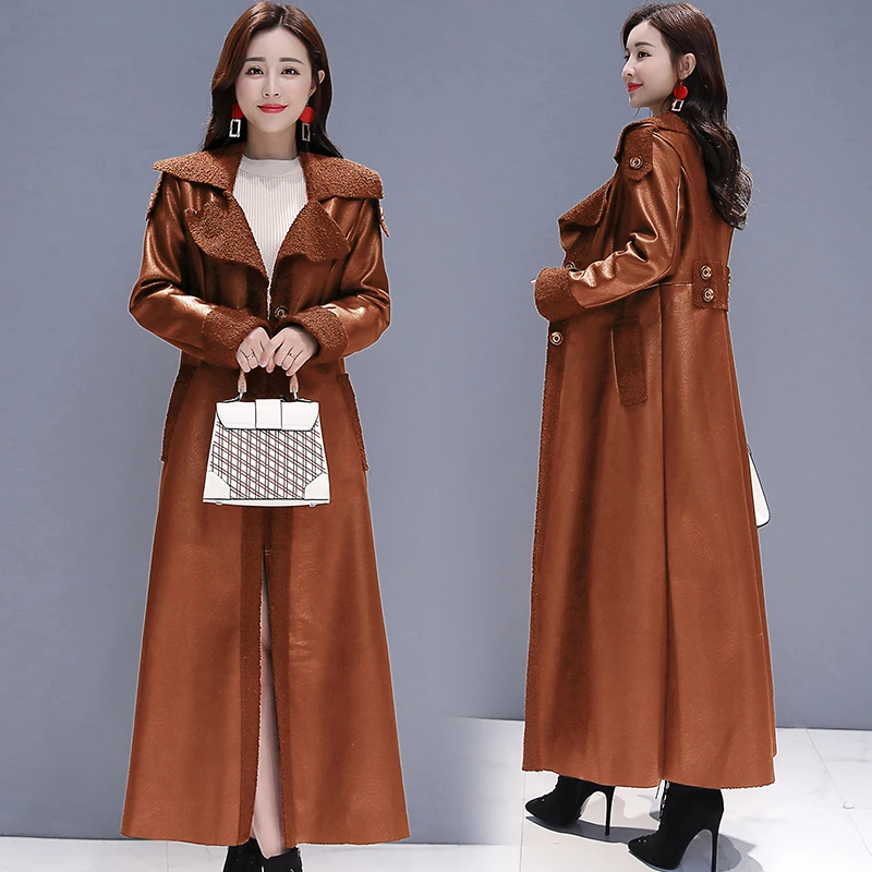 

Stylish clothes leather jackets for women PU leather long coat lambswool warm winter coats NEW Youth clothing for womens K4661