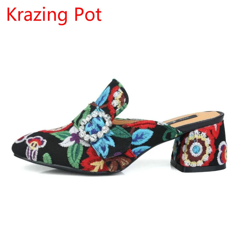 

2018 Fashion Slip on Embroidery Brand Shoes Crystal Buckle High Heels Casual Round Toe Women Pumps Party Slingback Sandals L29
