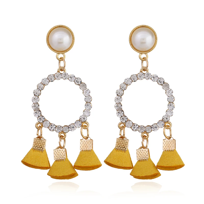 New Fashion Imitation Pearls Dangle Crystal Rhinestone Circles Fabric Tassel Drop Earrings For Women Statement Jewelry AE121 | Украшения и
