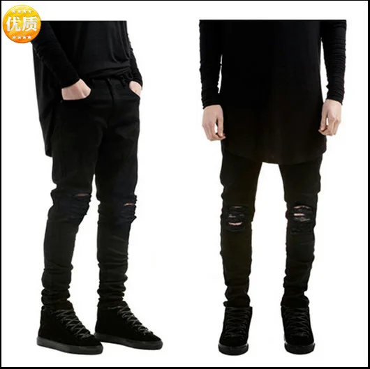 High Street Pure Black Trim Pencil Pants Elastic Jeans Men Slim Solid Hole Distressed | Мужская одежда
