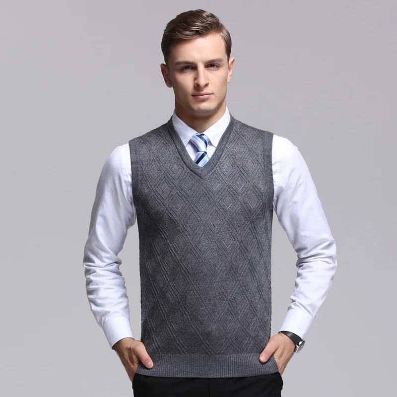 High quality mens plain wool sweater vest casual male v neck cashmere