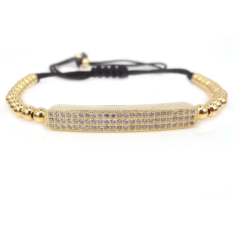 New Fashion 24k Gold Men Bracelets,long Tube With Pave Setting Clear Cz Beads Braided Macrame