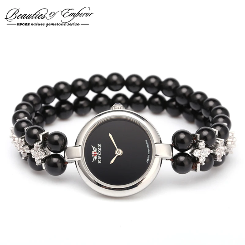Relógios de Quartzo Epozz à Prova Prata Esterlina Feminino Pulseira Relógio Natural Pedras Senhora Contas Analógico Japão Movimento Marca Depoágua 925