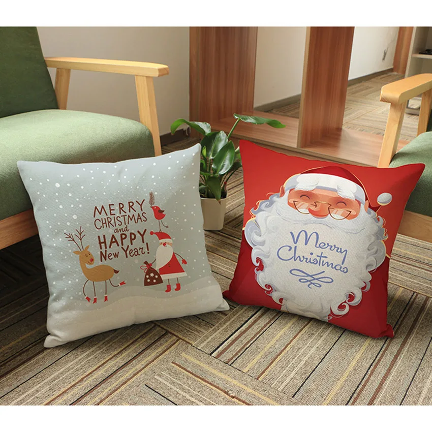 Merry Christmas Cushion Throw Pillows For Sofa Santa Claus Xmas Tree Floor Decorative Pillow Car Seat Cushion Cotton Linen