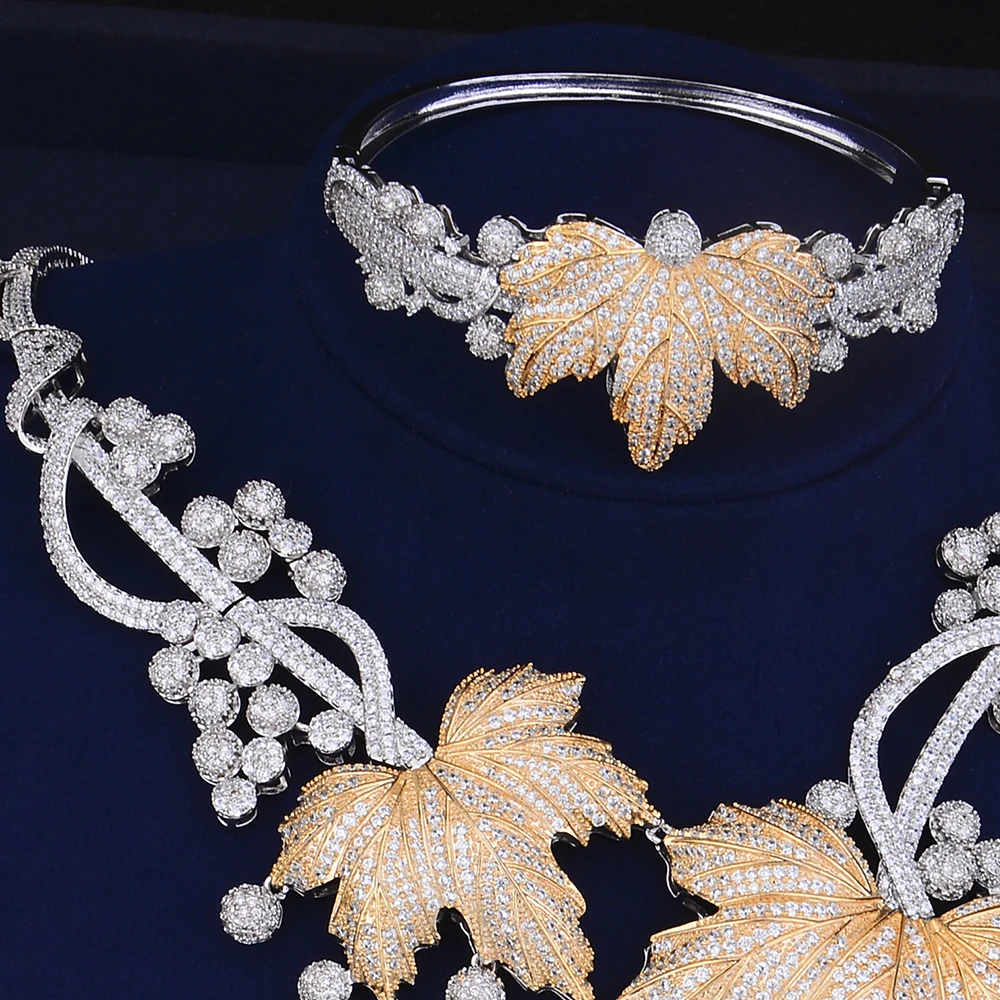 GODKI Luxury Pumpkin Leaf Long Tassel Nigerian Jewelry Set For Women Wedding Zircon Crystal CZ Indian African Bridal Jewelry Set