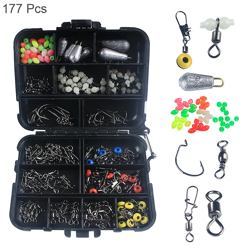 

177Pcs Fishing Accessories Plastic Lures Hooks Swivel Beads Kit Tackle Box
