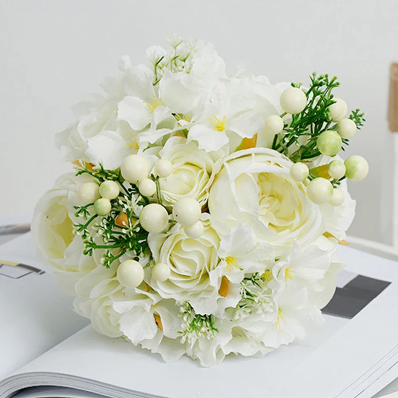 1584 8 De Réductioneelgant 2018 Nouveau Rose Ivoire Jaune Trois Couleurs Bouquet De Mariée De Haute Qualité Mariage Fleurs Demoiselle Dhonneur