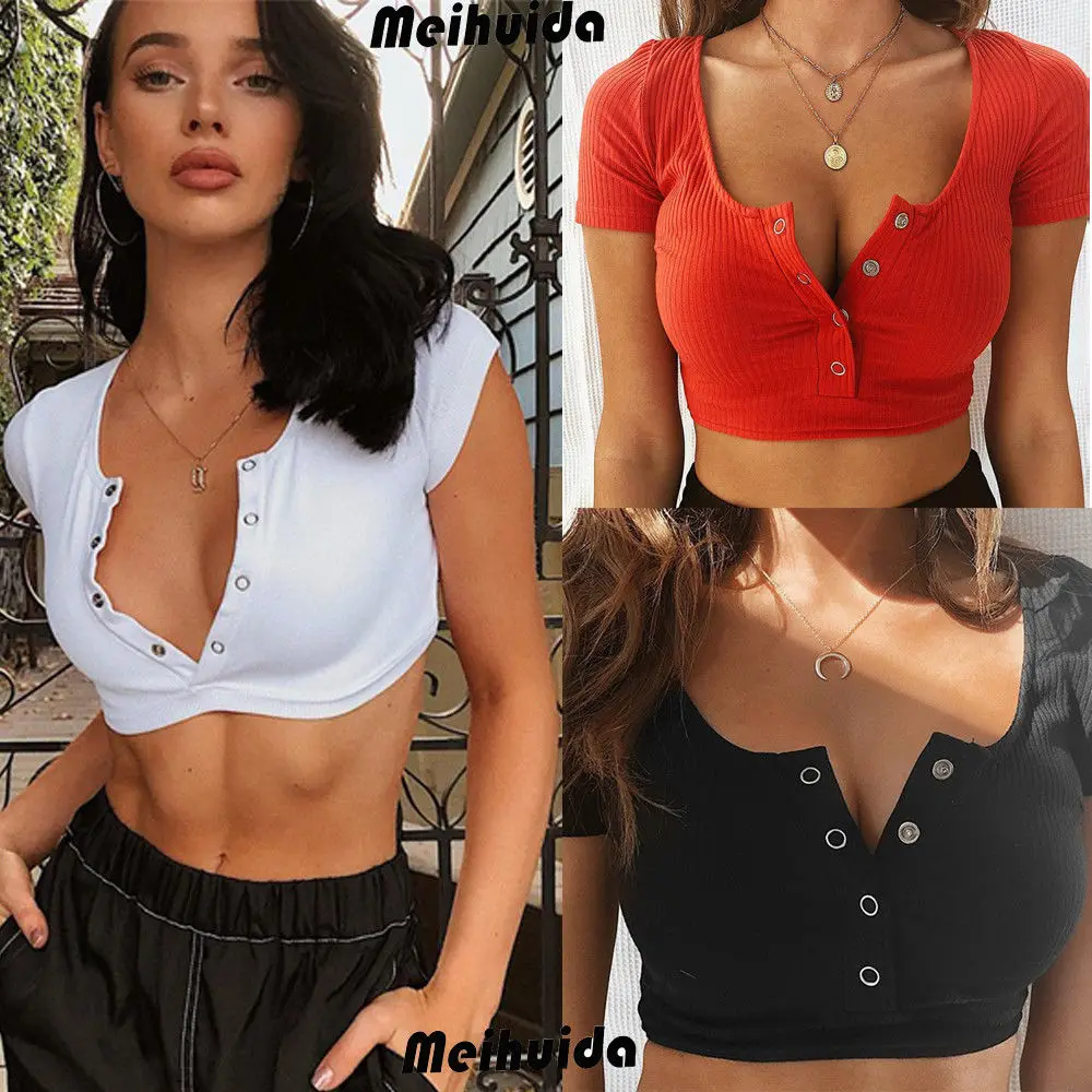 

Women's Summer Top Sexy V-Neck Tank Top Crop Top Short Sleeve Cotton Pullover Clubwear Knitted Cami Top