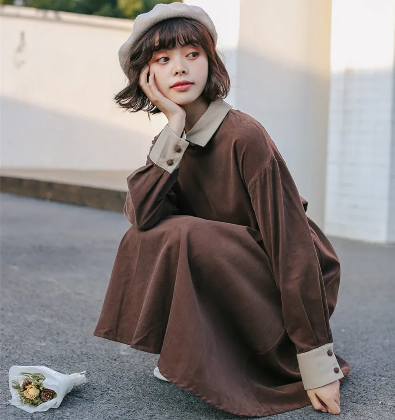 Skup Mori dziewczyna bawełna sztruks sukienka 2019 wiosna jesień kobiety długi rękaw słodkie długie suknie kobiet dorywczo odzież