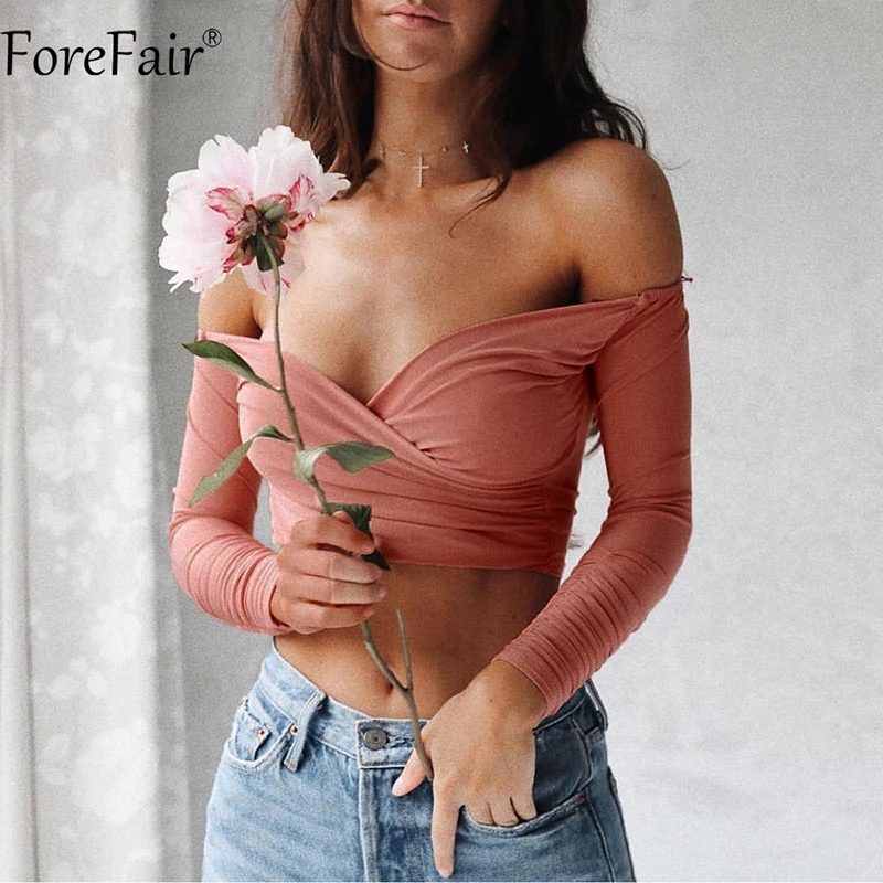 ForeFair женский короткий топ с открытыми плечами и длинным рукавом, осень, тренд, с перекрещивающимися бретелями, с вырезом лодочкой, сексуальная рубашка, топы для девушек