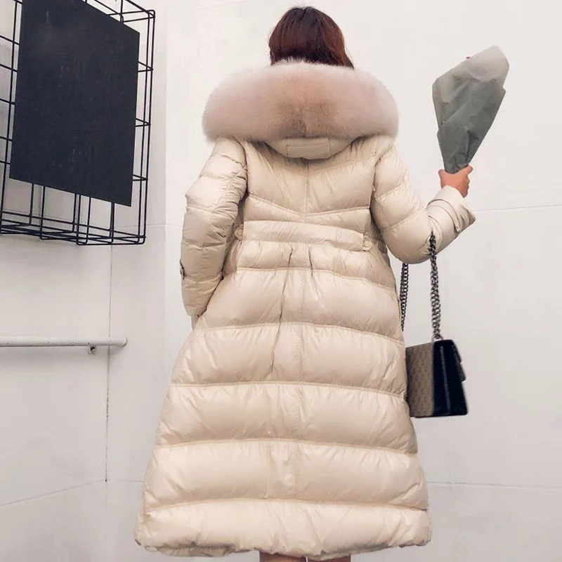 Goedkoop 2019 Vrouwelijke Dikker Warme Winter Down Jas Vrouwen Grote Echte Natuurlijke Vossenbont Witte Eend Neer Parka Hooded Winter Jas vrouwen