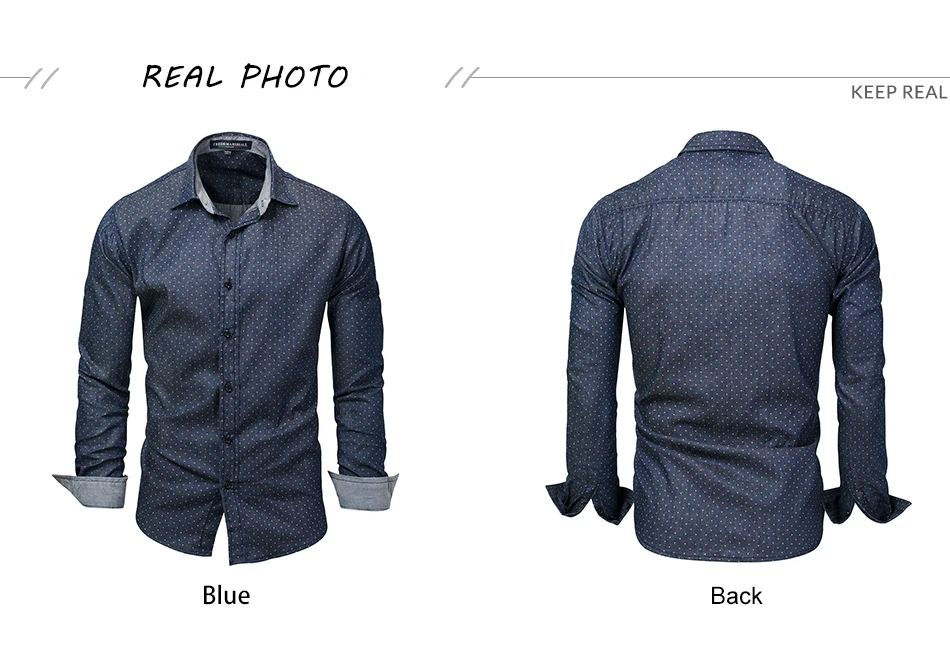 Fredd Marshall 2017 Men Polka Dot Denim Dress Shirt Long Sleeve 100% Cotton High Quality Casual Shirt Male Social Shirts 3XL 120 (3)