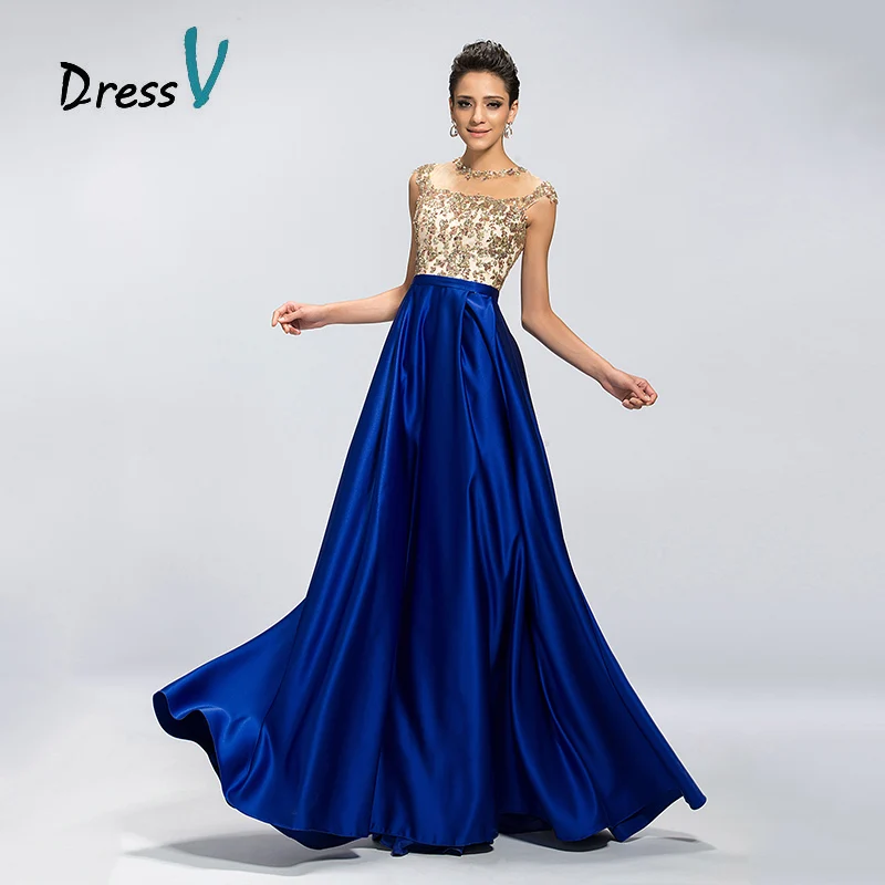Dressv Long Royal Blue Evening Dress Elegant A Line Sheer Jewel Beaded