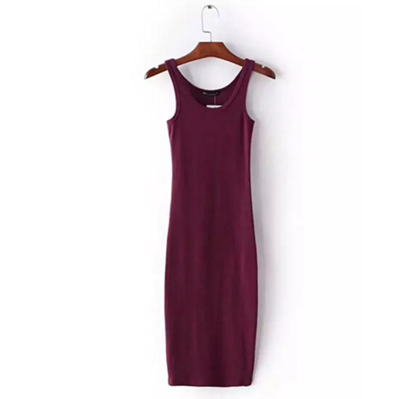 Skup Sexy O neck Stretch bez rękawów Midi sukienka 2016 nowych kobiet AA Vintage pakiet biodra długie sukienki bez rękawów 4 kolory