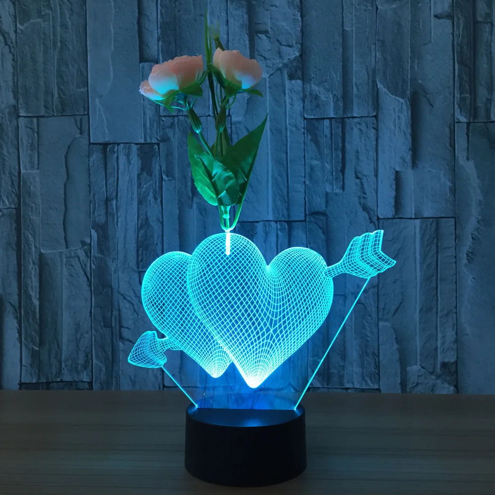 

3D desk lamp Romantic Love Cupid Arrow Through Double Heart LED USB Lamp Sweetheart Lovers Wedding Decoration Colorful Night