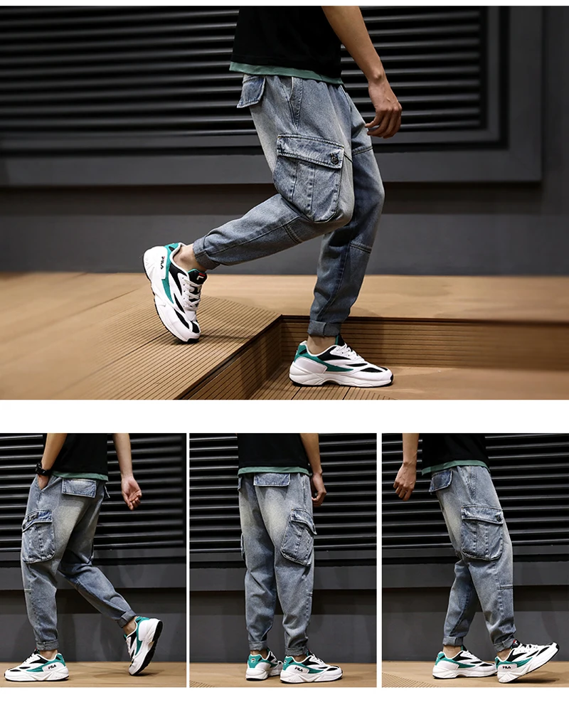 Модная уличная Для мужчин джинсы Loose Fit большой карман штаны-карго из денима брюки Малый нога джинсы-шаровары с дизайнер хип-хоп джинсы Для