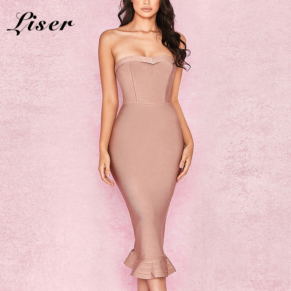 

Liser 2018 New Summer Women Dress Strapless Bandage Dress Sexy Bodycon Celebrity Party Apricot Orange Fishtail Dresses Vestidos