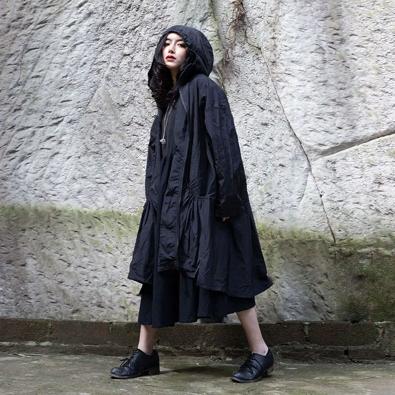 [XITAO] весеннее Новое корейское модное женское Свободное пальто с капюшоном и воротником с длинным рукавом, Женский однотонный длинный Тренч трапециевидной формы WBB2562 - Цвет: black WBB2562