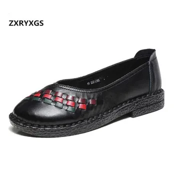 

Handmade Weaving Genuine Leather Shoes Woman 2019 New Spring Retro Women Flat Shoes Non-slip Soft Casual Shoes Women Flats