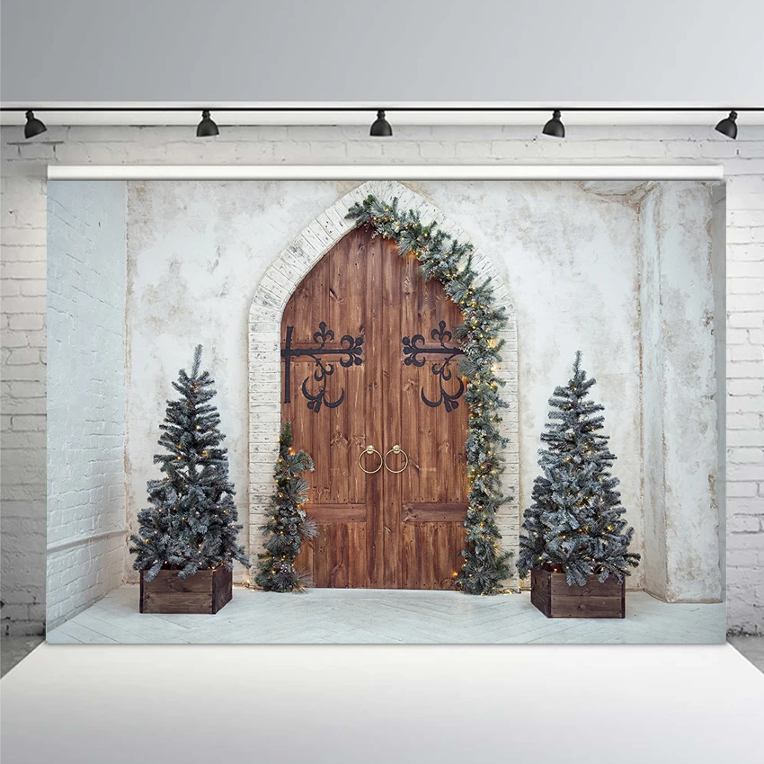 

Christmas Background Photography Winter Snow Christmas Tree Wreath Wood Door Home Decor Holiday Family Celebrate Party Photocall