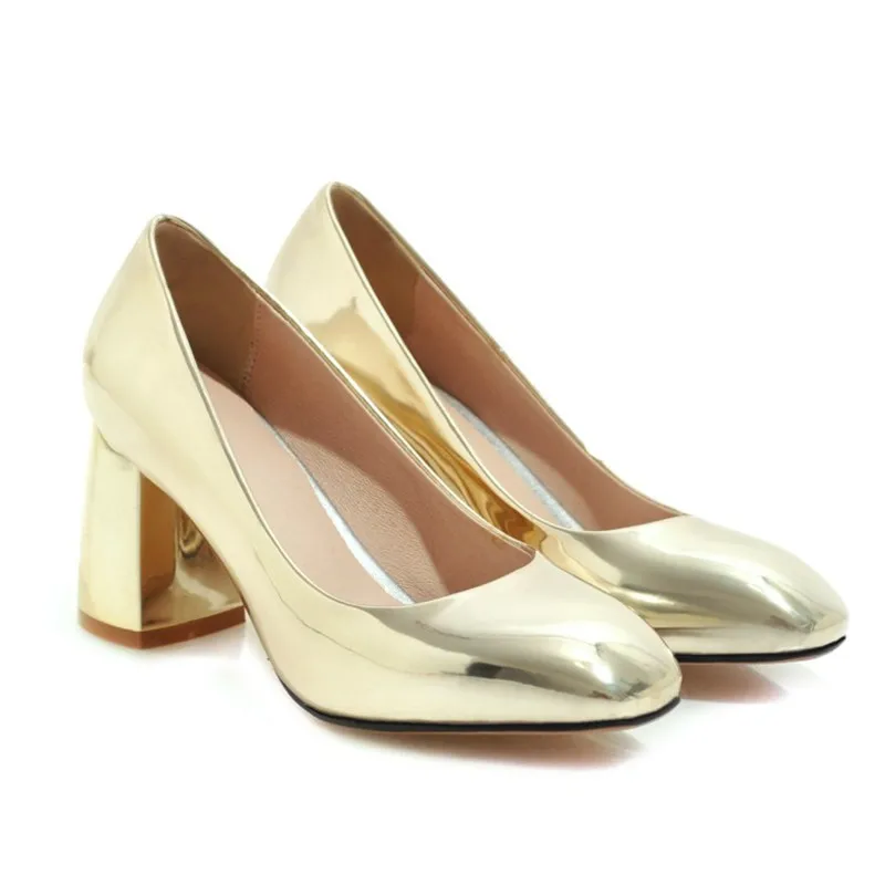Plus Size 33-45 Women Pumps Fashion Gold Block Thick High Heels Shoes Patent Leather Slip On Silver Office Ladies Working Shoes (3)