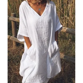 

2019 Hot Women V Neck Half Sleeve Solid Color Loose Dress with Pockets for Summer SMA66