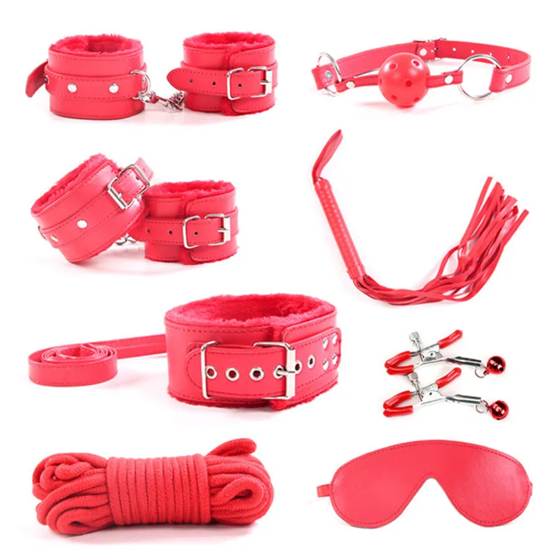 

Sexy Lingerie Bondage Set 8pcs/Set Sexy Leather Bondage Restraint Handcuffs Collar Whip Clamps Clips Flirting Exotic Accessories