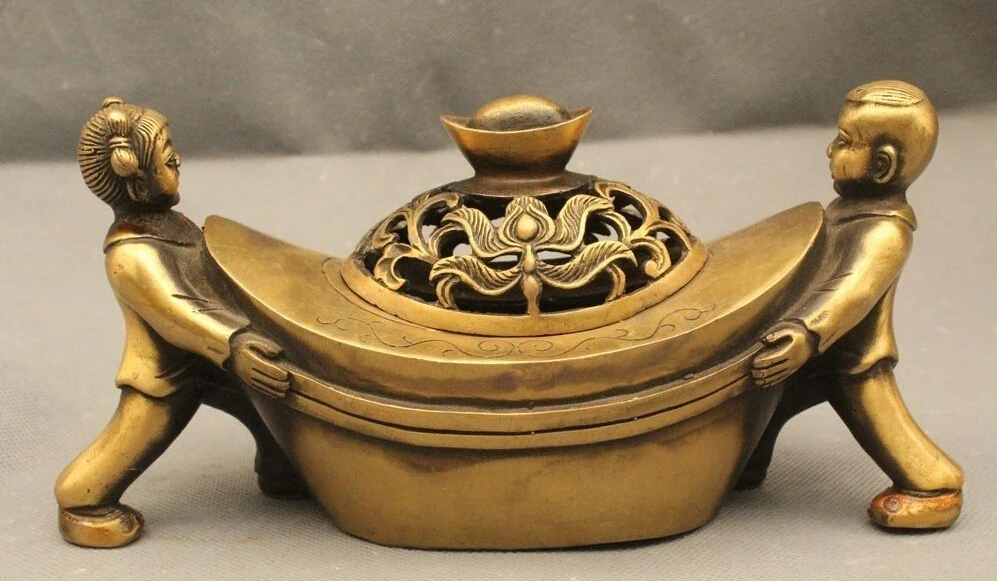 

5"Chinese Folk Bronze Feng Shui Boy Girl lift up Yuan Bao Incense Burner Censer