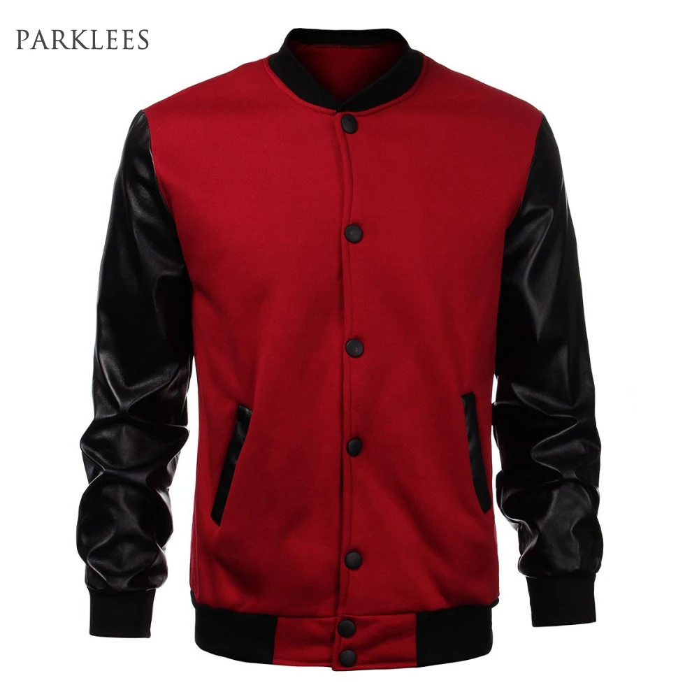 

2015 New Mens Wine Red Baseball Jacket Men Fashion Slim Black Pu Leather Sleeve Jacket Jaqueta Casual Brand Windbreaker Jackets
