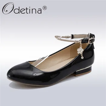 

Odetina 2019 New Fashion Ankle Strap Pumps For Women Low Heels Sweet Mary Janes Shoes Female Flower Patent Leather Big Size 43