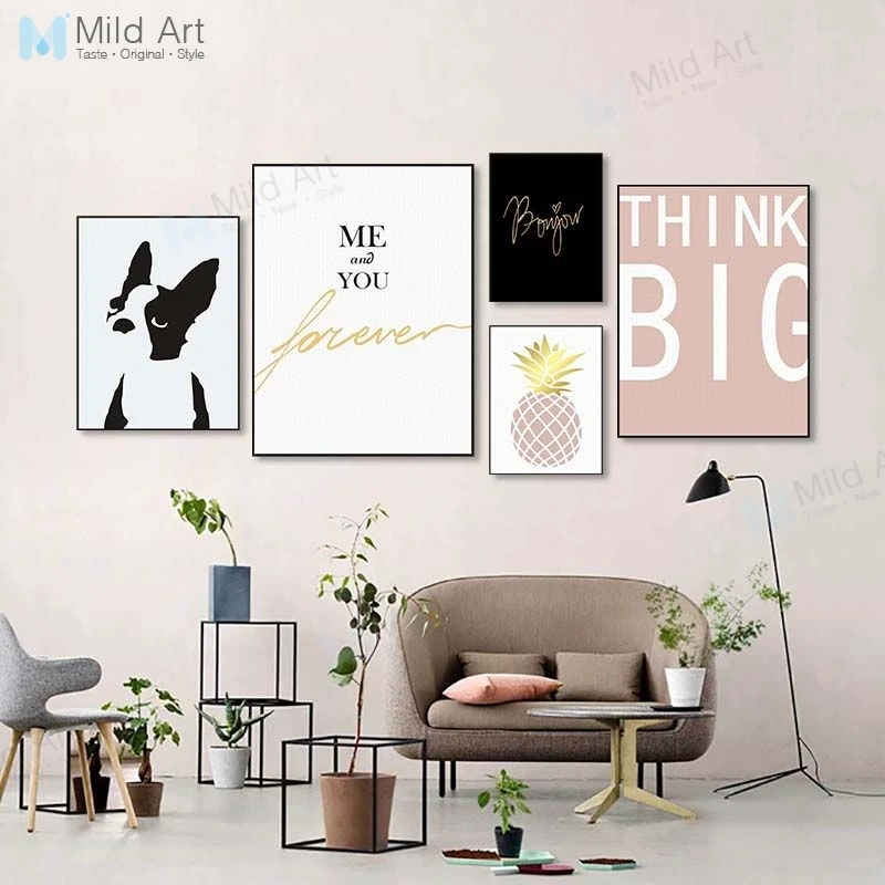 

Pink Gold Pineapple Kawaii Dog Inspire Quotes Posters and Prints Nordic Living Room Wall Art Pictures Home Decor Canvas Painting