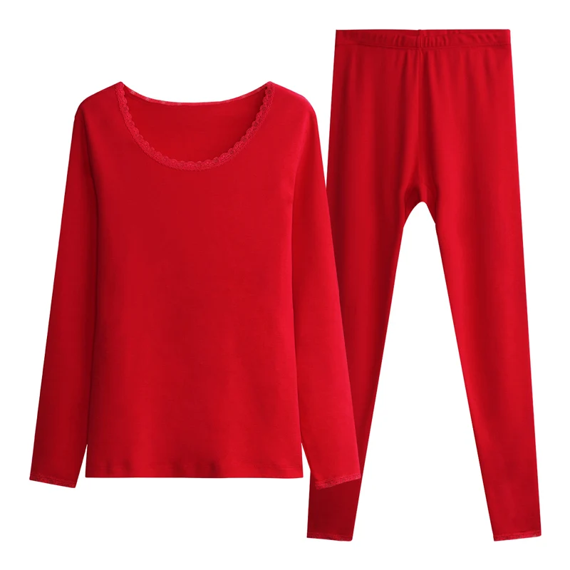 THREEGUN пара термобелье комплект зимняя одежда для мужчин с v-образным вырезом хлопок колготки зимнее Длинное Нижнее белье Пижама домашняя ткань Termo - Цвет: Women Red