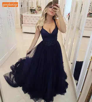 

Aristocratic Navy Blue Deep V Neck Evening Dresses Long Tulle Beaded Sashes A Line Evening Gowns Sweep Train Formal Party Dress