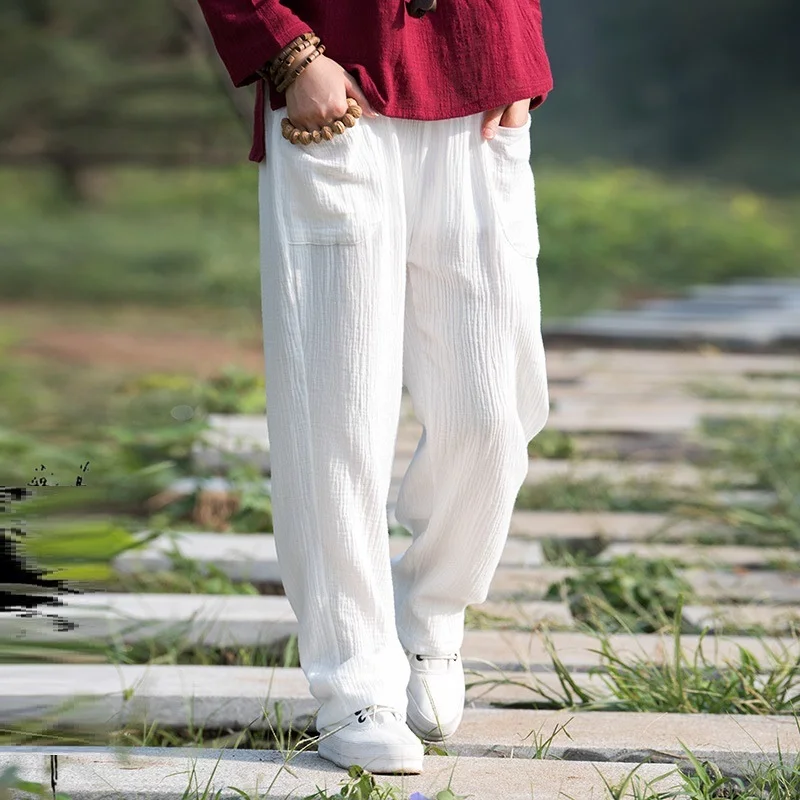 Женские брюки, Этнические Ретро Винтажные штаны, льняные однотонные Широкие штаны, свободные штаны с эластичной резинкой на талии, традиционные штаны в китайском стиле TA1668 - Цвет: 1