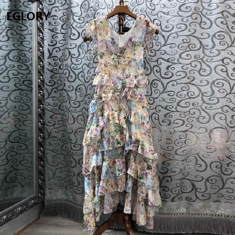 

High Quality Designer Fashion Long Dress 2019 Summer Maxi Dress Women V-Neck Elegant Flower Print Cascading Ruffle Sexy Dress