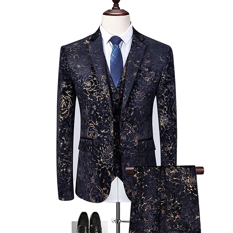 

2019 new men's suits high-end printing luxury Slim three-piece performance dress groom dress blazer + pants + vest