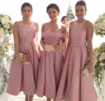 

Pink Satin Three Style Bridesmaid Dresses For Wedding 2019 Crew Off Shoulder Tea Length Maid Of Honor Gowns Elegant Formal