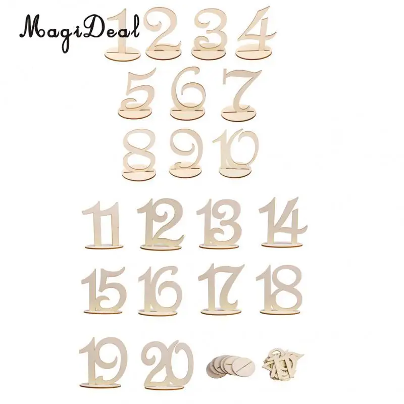 MagiDeal 20pcs/Lot MDF Wooden Table Number 1-20 Place Holder Table Number Figure Card Base Wedding Birthday Party French 
