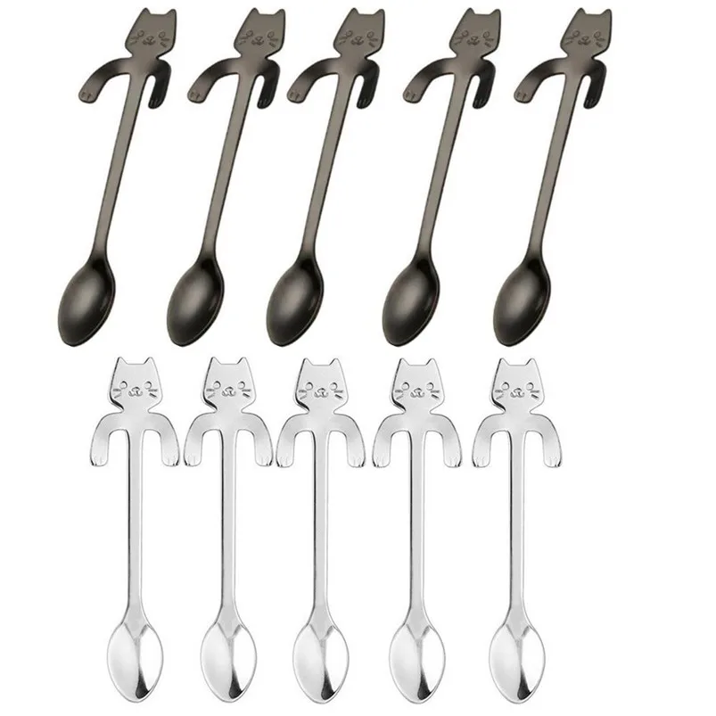 Kitchen Small Mini 304 Stainless Steel Cat Coffee Spoon Teaspoon Dessert Spoon Long Handle Tableware Rose Gold Flatwara 40JY153