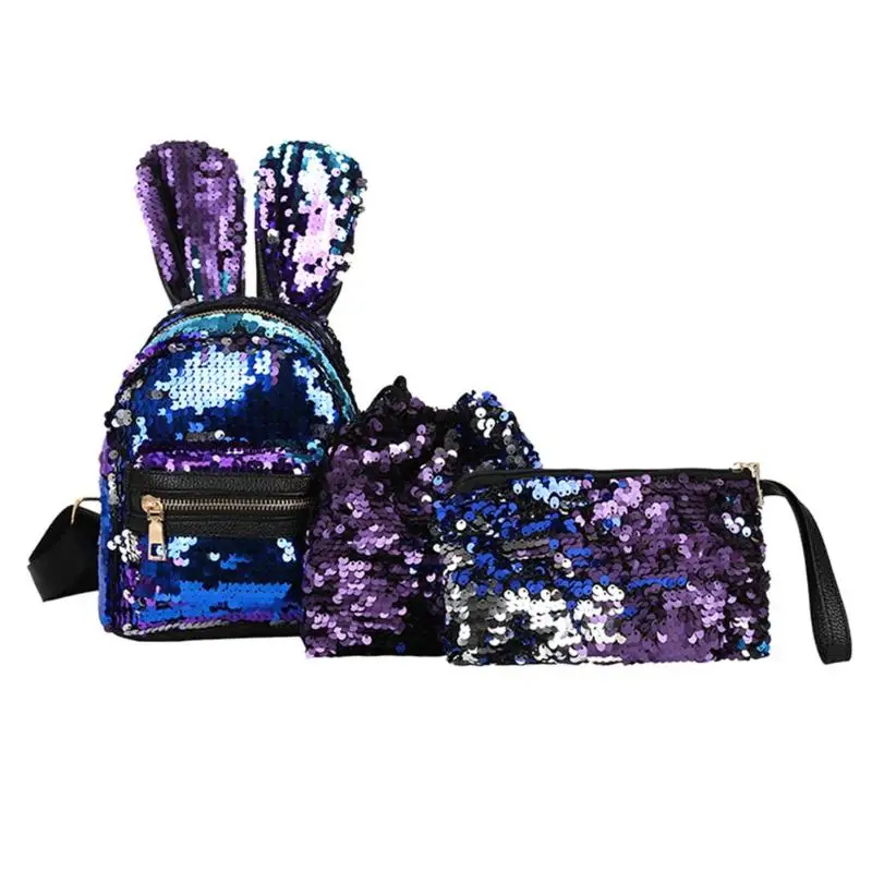 3 шт./компл. Для женщин кроличьи уши Мини блестками рюкзак женская Праздничная обувь сумка клатч из композитных материалов для девочек сумки через плечо женские сумки на ремешке - Цвет: Синий