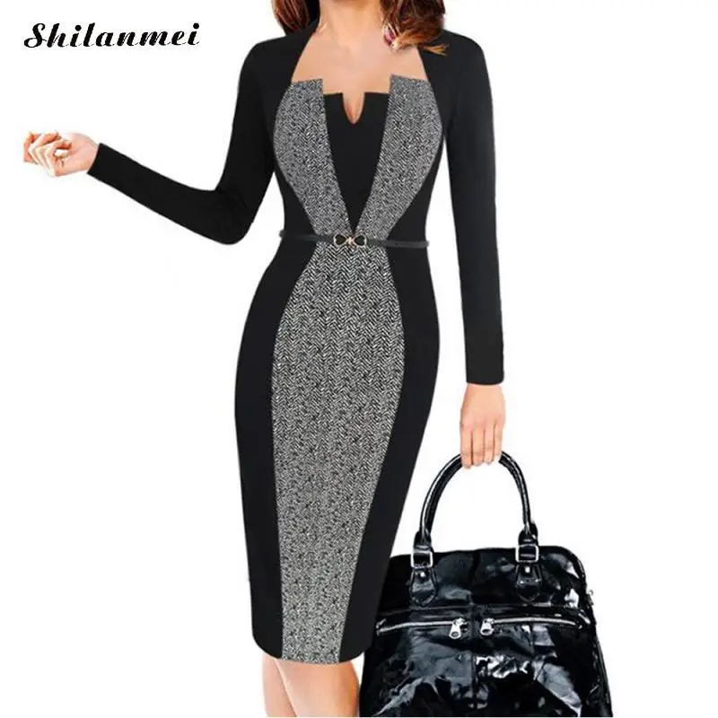 2019 Summer Women Retro Contrast Patchwork Belt Wear to Work Business vestidos Office Bodycon Pencil Female One Piece Dress Suit