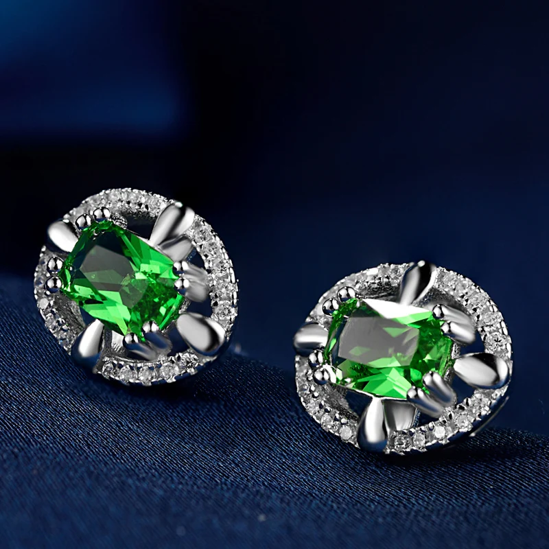 

Authentic 100% 925 sterling silver Stud Earrings with Green Stone and White Cubic Zirconia Women Stud Earrings Jewelry