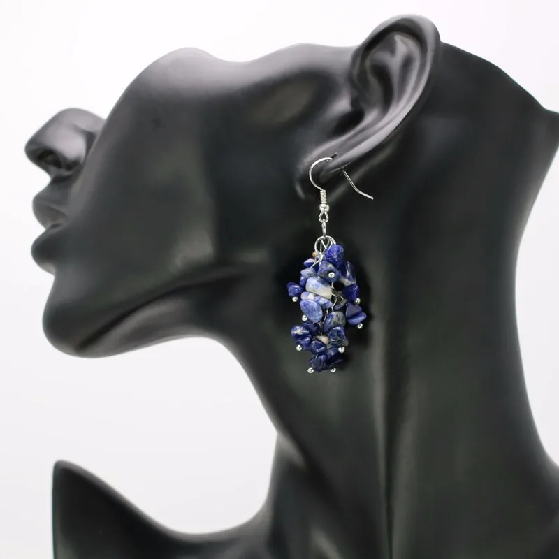 Fashion Hand-made Women's Big Dangle Earrings Blue Vein Stone 6cm Long Ethnic Jewelry Pendientes Brincos For Girls 2016 Newblue vein stone