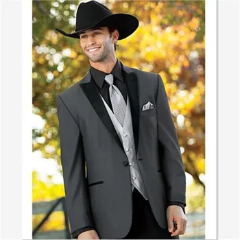 

Silver Vest Tie Gray jacket Black Pant Peaked Lapel One Button 3Pieces Fashion Men Suits Bespoke Tuxedos Latest Coat Pant