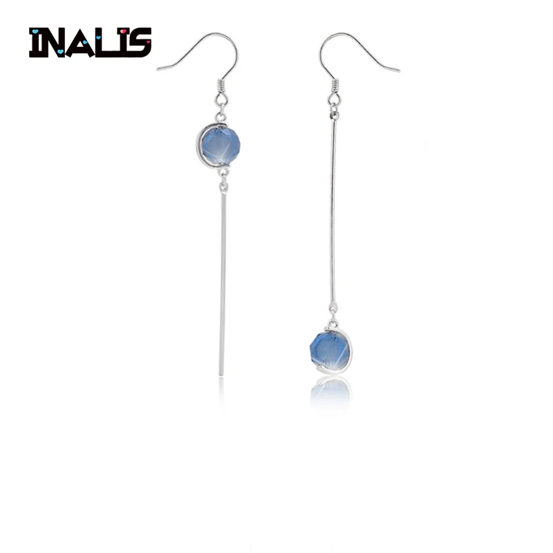 

INALIS New Delicate Korea Style S925 Sterling Silver Ear Hook with Blue Crystal Long Dangle Drop Earrings for Girl Party Brincos