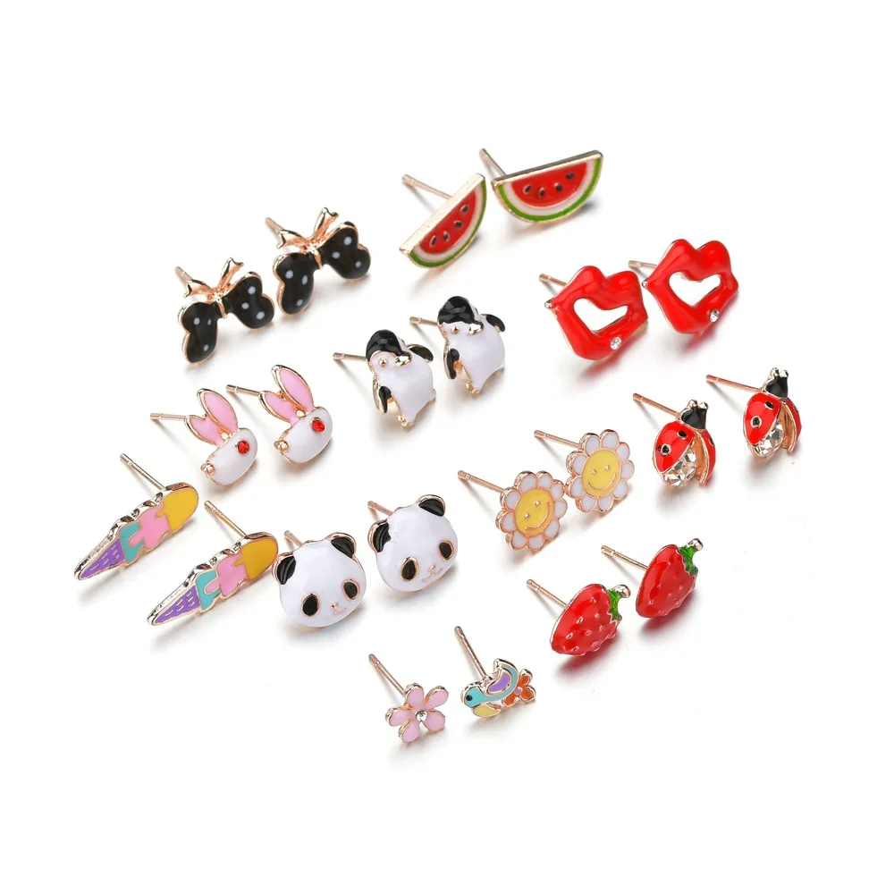 

Fashion Cute Enamel Cartoon Animal Fruit Earrings Ladybug Penguin Panda Earrings for Women Party Birthday Earrings Jewelry Gift