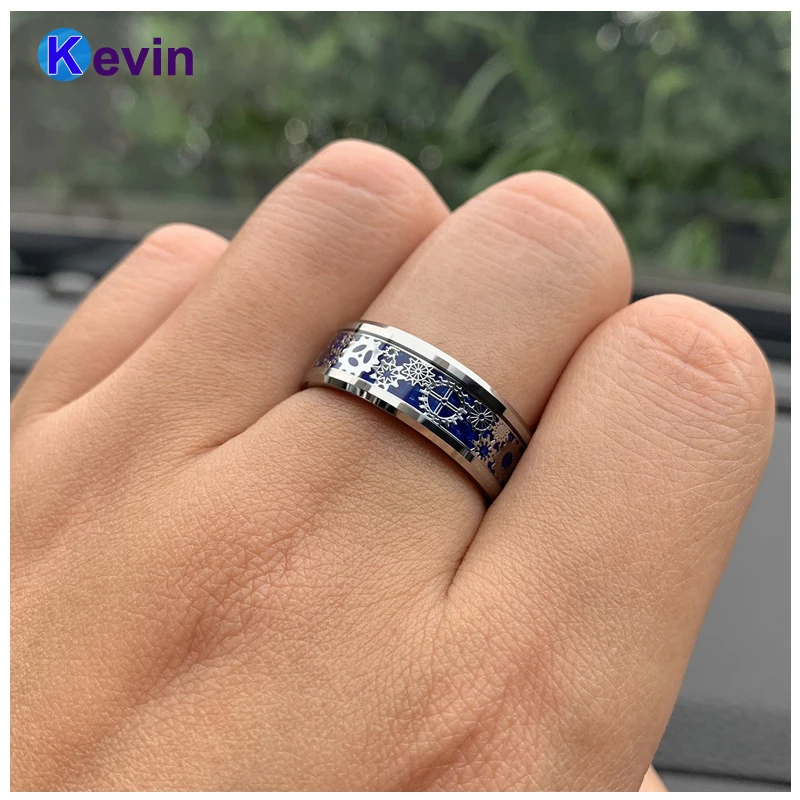 Для мужчин и женщин обручальное кольцо из карбида вольфрама с синим углеродным волокном на основе стимпанк Шестерня инкрустация колеса удобная посадка
