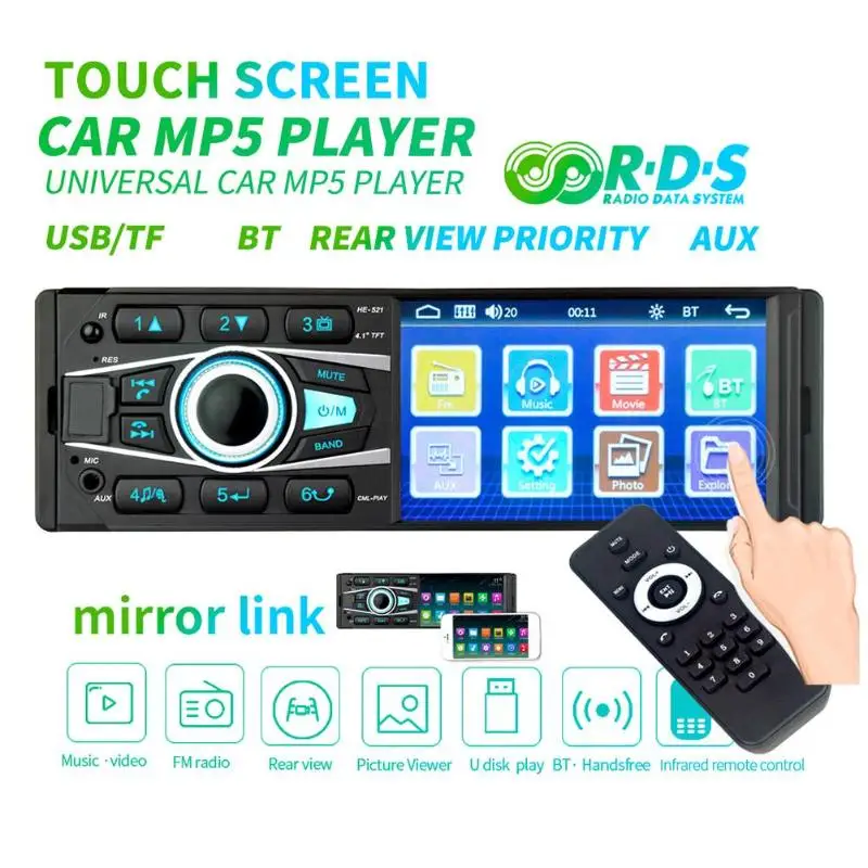 HE521 4.1Inch Single DIN Bluetooth Car AM FM Radio Stereo USB AUX Input In Dash Head Unit Car MP5 Player with Microphone