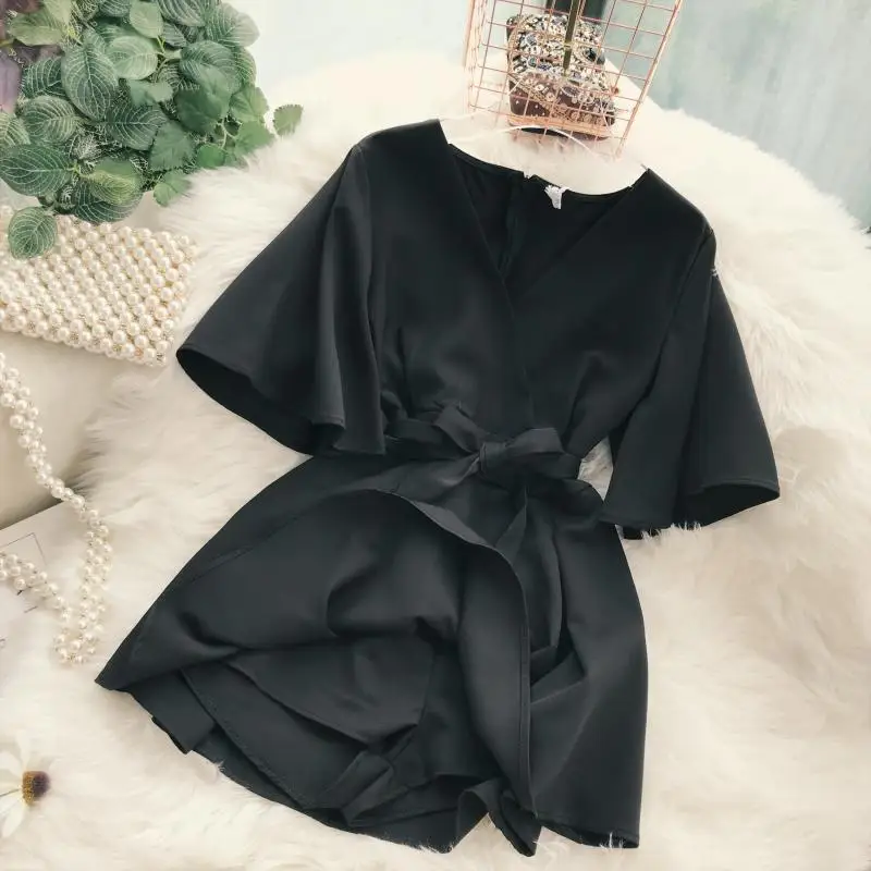 Lady New Fashion Dresses Women Solid Color Elegant V-neck Short Flare Sleeves High Waist Slim Elegant Female Vestidos B903